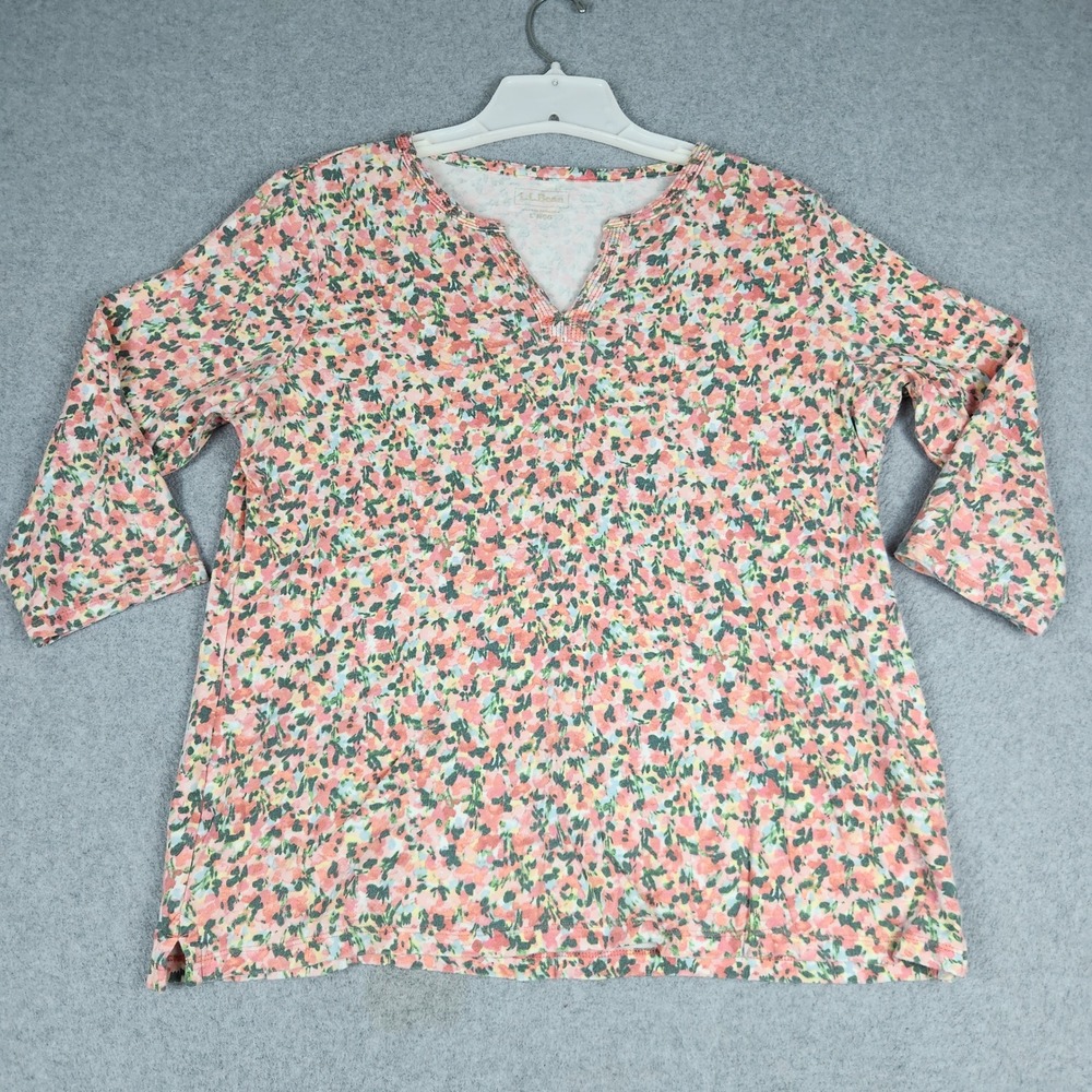 L.L. Bean Blouse Top Womens Large Pink Multi Floral Split Neck 3/4 Sleeve Casual
